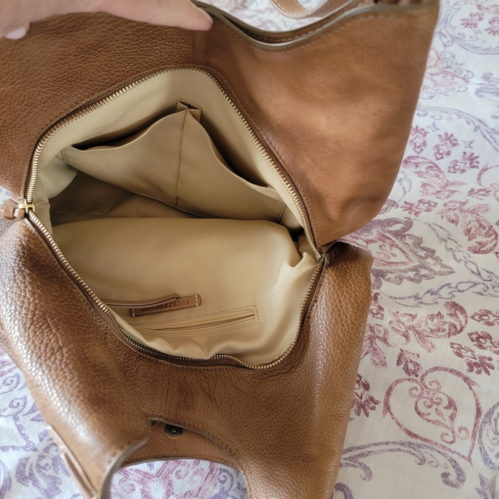 Lucky Brand Tan Pebbled Leather Shoulder Hobo with Tassel Charm - Picture 3 of 4